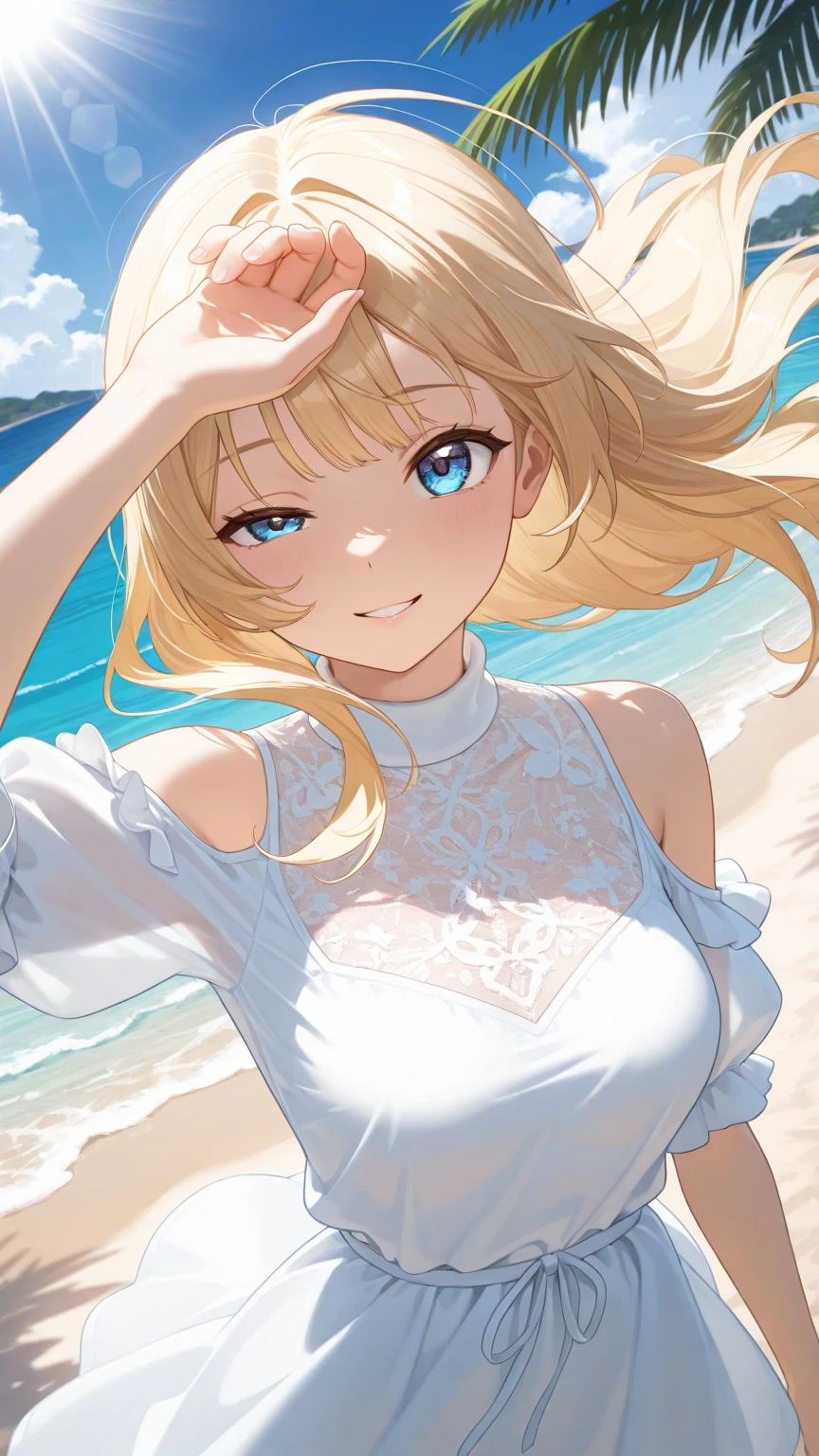 ((grin)), Eyeshadow, False eyelashes, ((off-shoulder dress:1.3, criss-cross halter)), ((white sundress)), ((cleavage)), ((high twin tails, medium hair, spiral curl hair, gradient hair, red and blond hair, hair extensions, streak)), ((sunglasses, hand to sunglasses)), (((from side))), ((((upper body)))), bare legs, (()), (((a beautiful starry sky, the Milky Way shining beautifully in the night))), ((on the very high cliff)), wavy hair, inward curled hair, ((sea, nature)), breasts, teenager, (looking at viewer), puffy long sleeves, collarbone, head tilt:1.3, (((blue eyes))), happy smile, (((anime style))), (best quality, 4K, 8K, highres, masterpiece:1.2, ultra-detailed, ultra-detailed eyes, HDR, uhd, studio lighting, ultra-fine painting, sharp focus, physically-based rendering, extreme detail description, professional, vivid colors, bokeh)