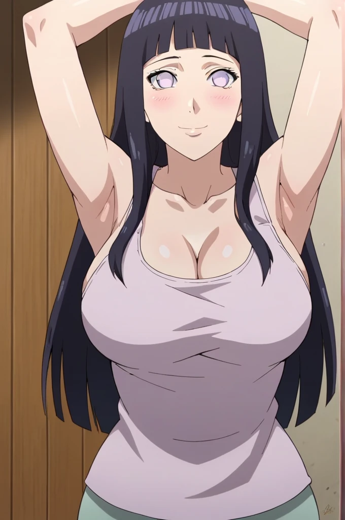 highest quality, 8K resolution, anime screen capture, anime color, anime key visual, one girl, cute, long black hair, 18 years old, big breasts, (innerwear, shorts,:1.2), perfect anatomy, beautifully intricate face, intricately detailed eyes, beautiful fine hair, beautifully intricate body, beautiful contour, vivid colors, vibrant lighting