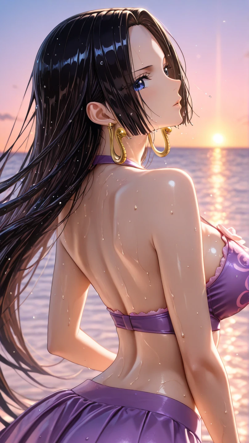 A girl wearing a purple high-cut swimsuit, Purple updo、Purple Eyes、Bangs、tiara, scenery, Sexy expression, ((Very detailed)), (Perfectly detailed face), (Detailed and well-drawn hand) 、Very large breasts、Photorealistic images.Upper Body、Earrings、bracelet、ring