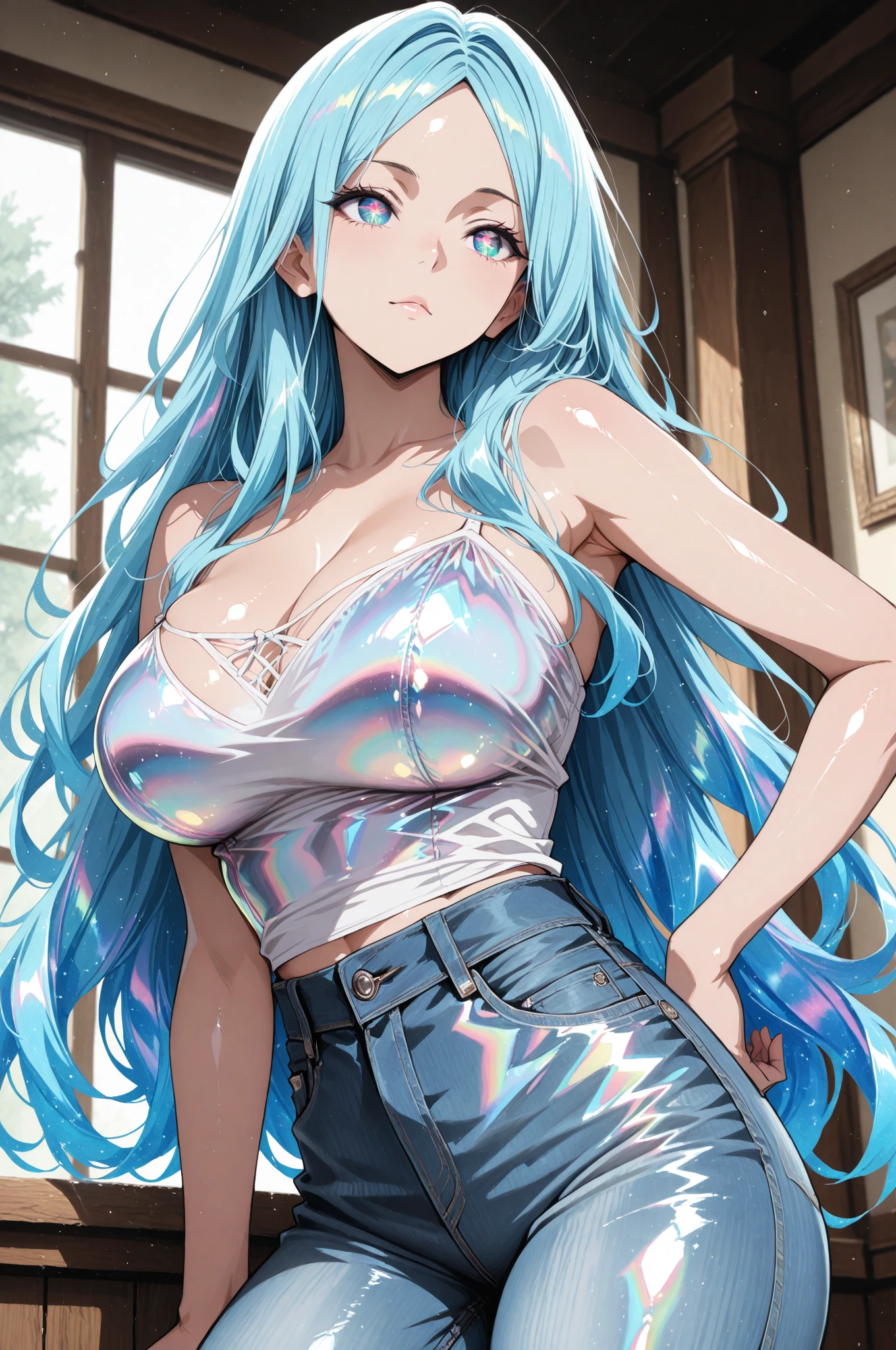 (masterpiece), (best quality), (realistic), realistic girl, adult, pale skin, blue eyes, blue hair, eyebrow, nose, ear, mouth, lips, neck, shoulders, big chest, (blouse, short shorts ripped, tight pantyhose), waist, thick legs, thick thighs, (light blue background)