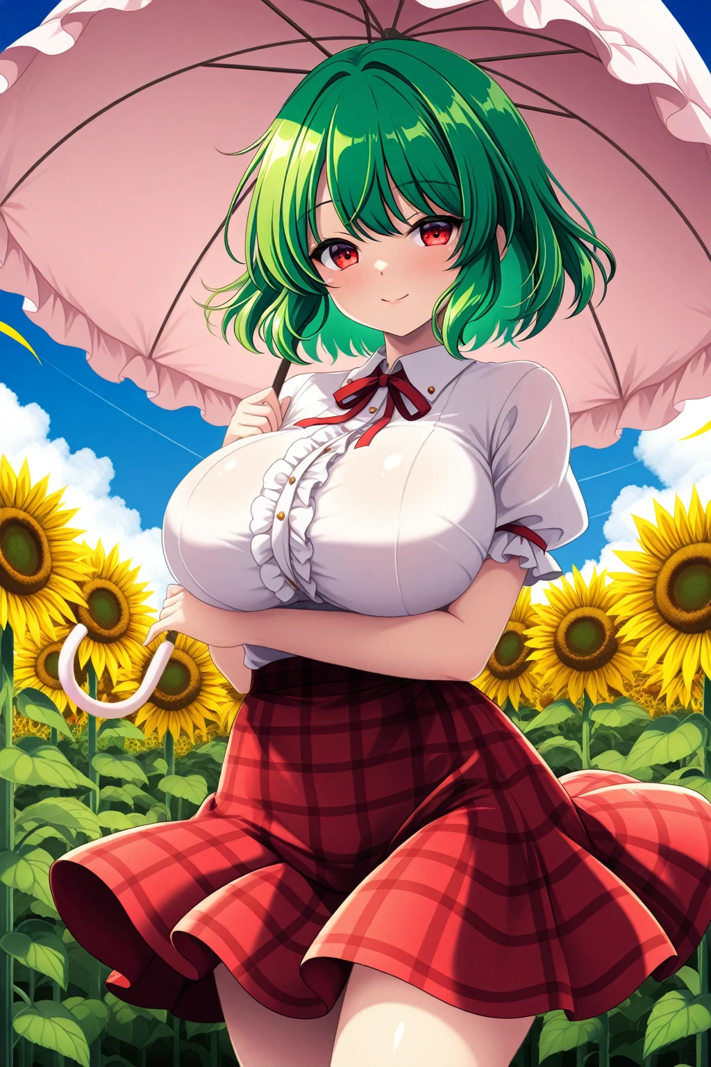 masterpiece, best quality, 1girl, (Kazami Yuuka:1.3), Green Hair, Red Eyes, Large Breasts, Topless, No Panties, Pussy, Nude, Nipples, Beautiful, Smug, Femdom, Garden, Good Hands, Sunflower Fields, Touhou, Solo, Magnificent, Sexy, Intricate, Boris Vallejo, Alphonse Mucha,
