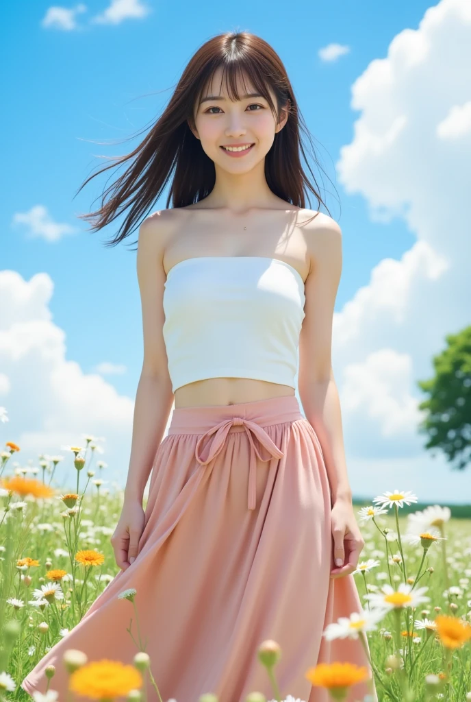 
One Japanese person、Twenty years old、Earrings、Twin tail、Big Breasts、White bare top、Pleated unflower field walk、Full-body front shot

