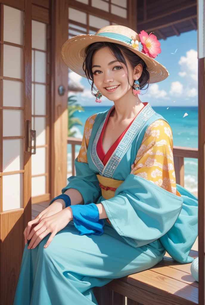 (best quality, masterpiece), 1girl, happy, oriental dress, standing, looking at the viewer, blurred background, earrings, hair bun, night, beach, sea