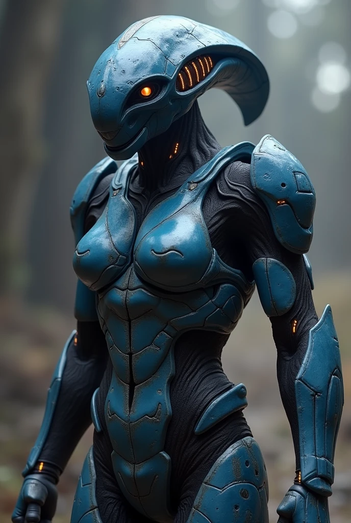 fem-alien-robotic, white and blue colors, modern fantasy, otherworldly, surreal, moody lighting, 8k photo, lush and waterfall, [Warhammer 40K:Warframe:25]