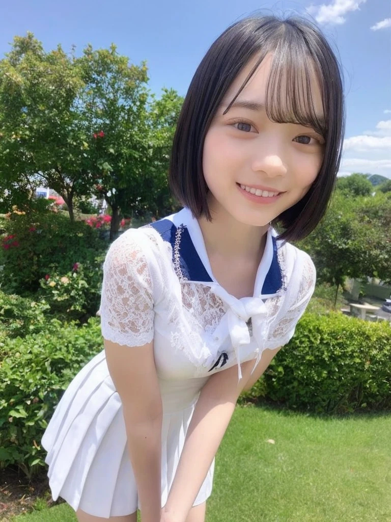 A neat and clean high school girl2people、(school uniform、Sailor suit、Ribbon tied on chest、Summer clothes、The upper body is white、The skirt is navy blue)、Outside the stadium、(slim)、Realistic、detailed, Skin Texture, 超detailed、Delicate and sexy collarbone、A sloppy smile、スーバーdetailedな顔、detailed唇、detailedな目、Small breasts、Small breasts、、Small breasts、Flat Chest、Emphasize the chest、Bright Face、((Are standing、Her white panties are visible under her skirt、Lift the hem of your skirt slightly with both hands.,,))((Naked and wearing only a white apron、Naked sexy white apron))、Short hair with bangs、Straight Bob Hair、、Angle from above、12 years old、(((胸を押し付け合う2people, Soaked from head to toe)))