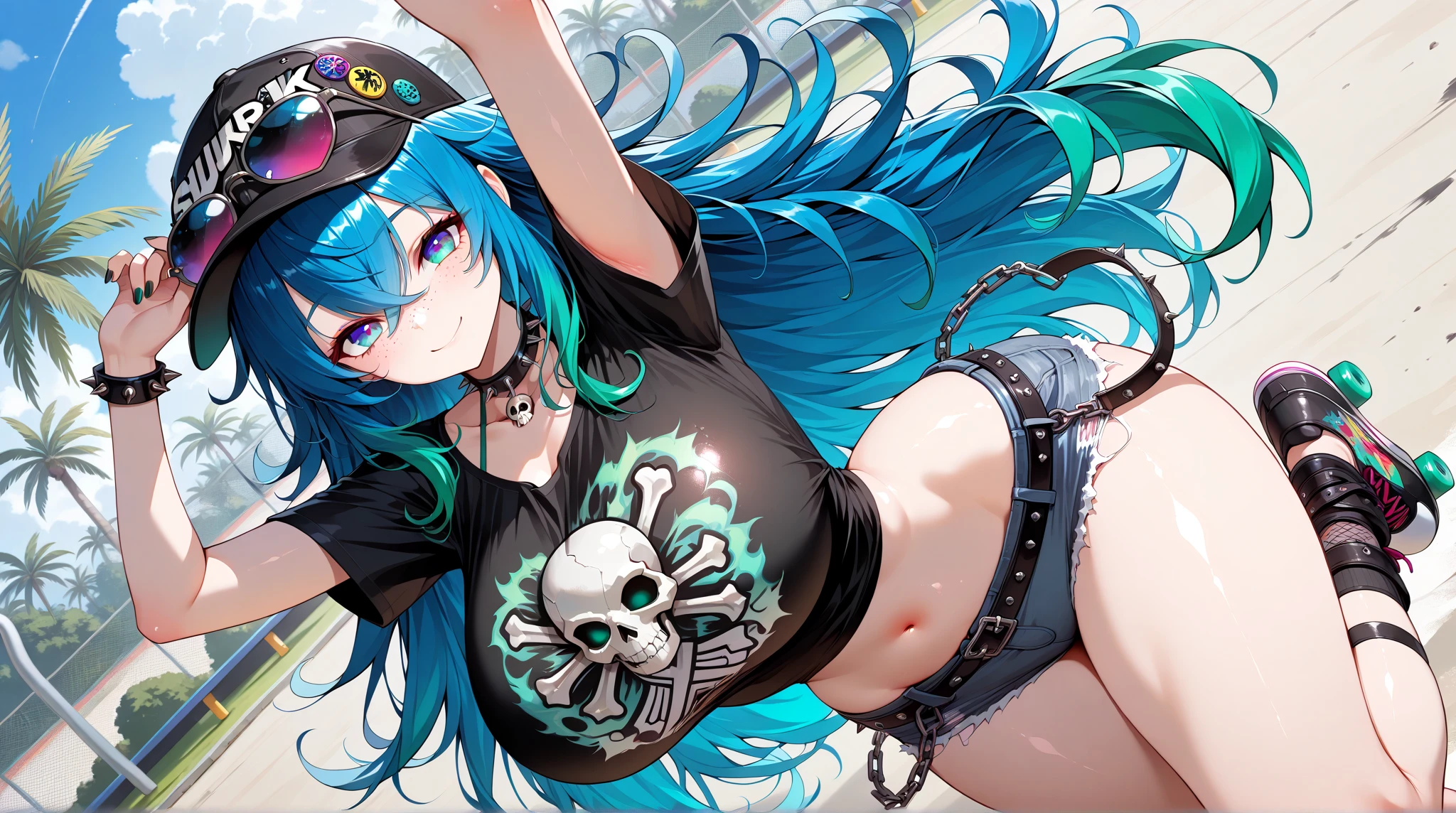 masterpiece, best quality, 1girl, solo, long hair, twin tails, hair buns, multicolored hair,two-tone hair, white hair, green hair, black hair,bangs, makeup, black lips, lipstick, mascara, eyeshadow, cross necklace, hair bow, front bow, lace jacket, sexy, lace gloves, fishnets, black leggings, gothic attire, dynamic angle, side lighting, shiny skin, detailed eyes, detailed face, water flowing, wind swept hair, glitter ,