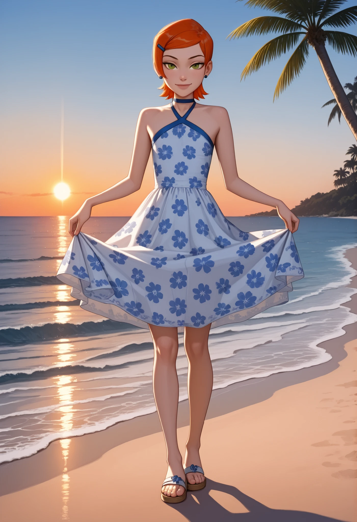 Gwen Tennyson . ginger . short hair . green eyes . flat breasts, flat chest, huge hips . slim body . choker . | masterpiece, best quality, amazing quality, very aesthetic, perfect eyes, crestyle, 1girl, solo,looking_at_viewer , dress, bare_shoulders, standing, full_body, outdoors, sleeveless, water, tree, sleeveless_dress, ocean, beach, sandals, sunset, skirt_hold, sand, palm_tree, sun , standing on a tropical beach at sunset. She is wearing a sleeveless, paisley-patterned dress with a high-low hem, and sandals. The sky is a beautiful mix of, with the sun setting in the background. The woman has a calm, serene expression, and the ocean waves are gently lapping against the shore. The art style is realistic with a touch of fantasy.
