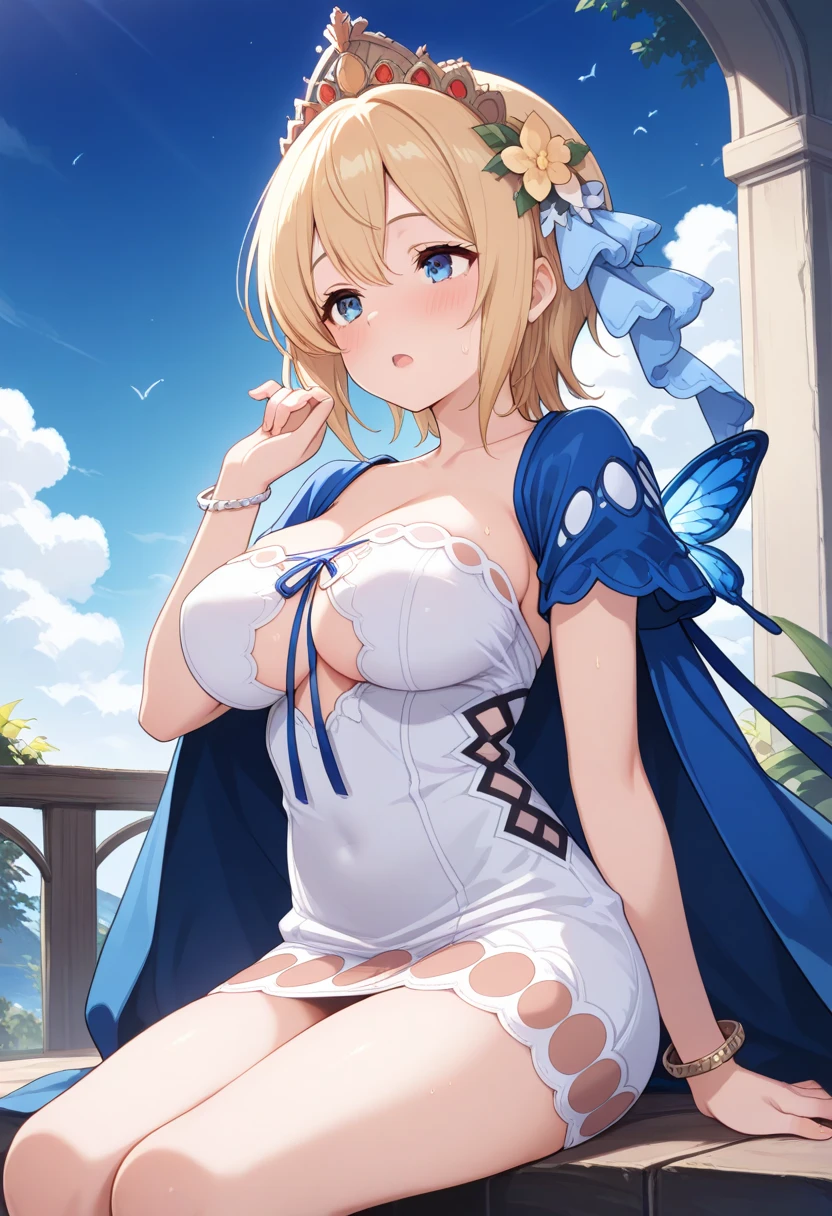 duck squat, spread legs, open legs, 
((highest quality)), ((masterpiece)),(detailed),High resolution,Sharp focus,Perfect Face,{best illustration},(complete anatomy),
(非常にdetailed CG unity 8k wallpaper),(((Vibrant colors))),Official Art,granblue fantasy,
((detailedなボディ)),(detailedな顔)), cute,Lewd,erotic,Bold,Camel Toe,
very shiny 肌,Shiny body,plastic glitter 肌,exaggerated shiny 肌,illuminated skin,
Big Breasts,glamorous,Tight waist,Long legs,curve,Cleavage,erotic,Bold,Revealing clothing,show 肌,
(Realistic eyes, Natural skin texture, Realistic facial details),Europa,, Blonde,Blue Eyes,Beauty,Tiara with flowers and veil,
(Flying debris, 超High resolution),(((Light blue and white theme))),Wear an iridescent aura,Invisible Light, Amazing shine, Sky blue glow, The colors of another world,
Bright colors, Ghostly Effects,Surreal Landscape,
White Mini Dress,White boots,Dark blue skirt-style cloak,Gold Jewelry,
smile, Open your mouth, Put your hand on your cheek,
Cumulonimbus,Surrounded by water, reflection,Breathtakingly beautiful clouds,Light,Dazzling Light,Cinematic Light.The wind is blowing,Vast ocean,
White sand beach,Coconut Tree,Sparkling Splashes, 