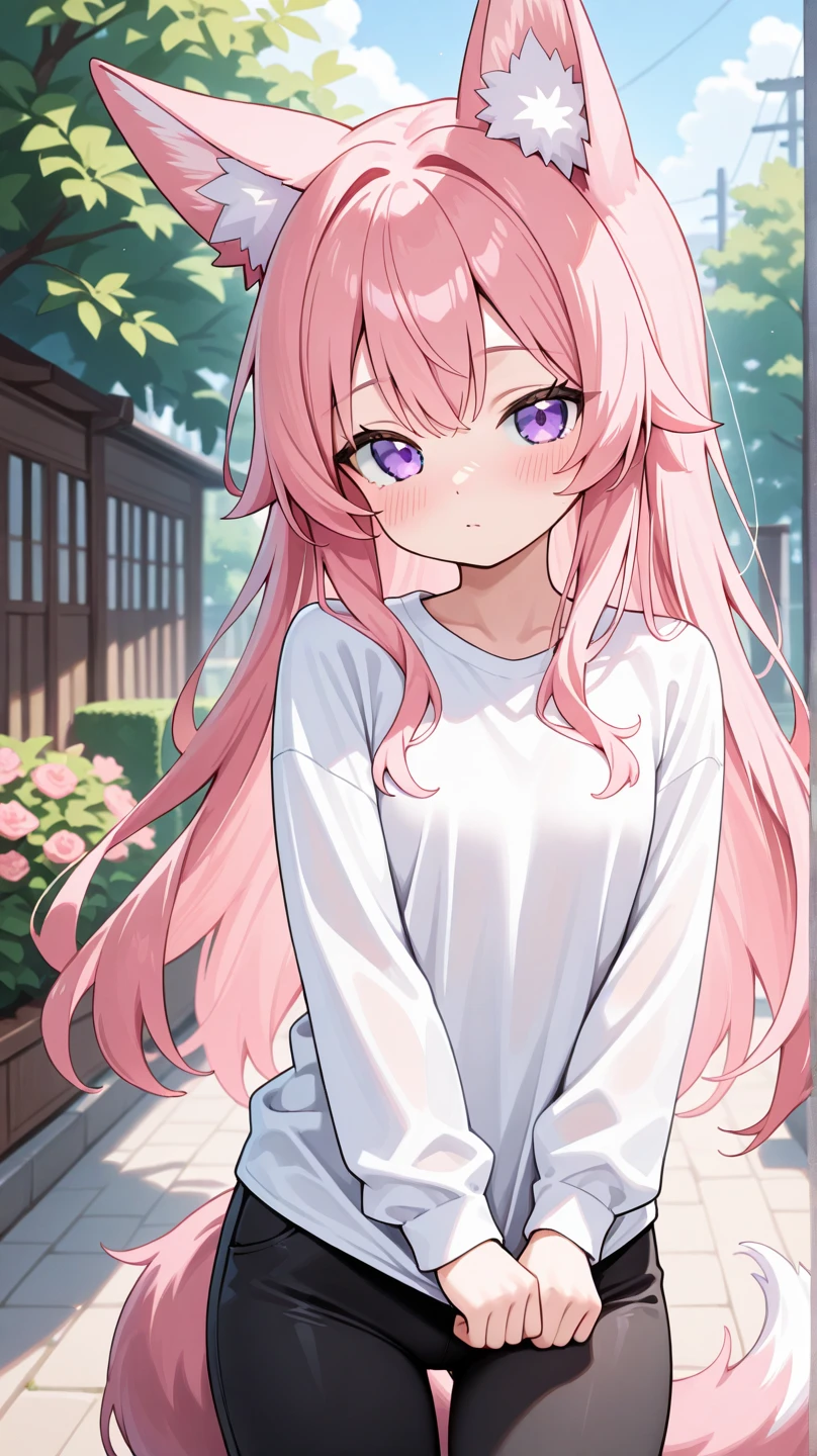 最high quality,very detailed,high quality,Extremely detailed,masterpiece,Super fine,ultra high resolution,超high quality,super delicate face,super realistic,(1 person:1.2)、woman、(Mature:1.5)、pink hair color、(pink eyes)、small breasts 、slender body、Ahoge、(smile:1.3)、T-shirt、jeans