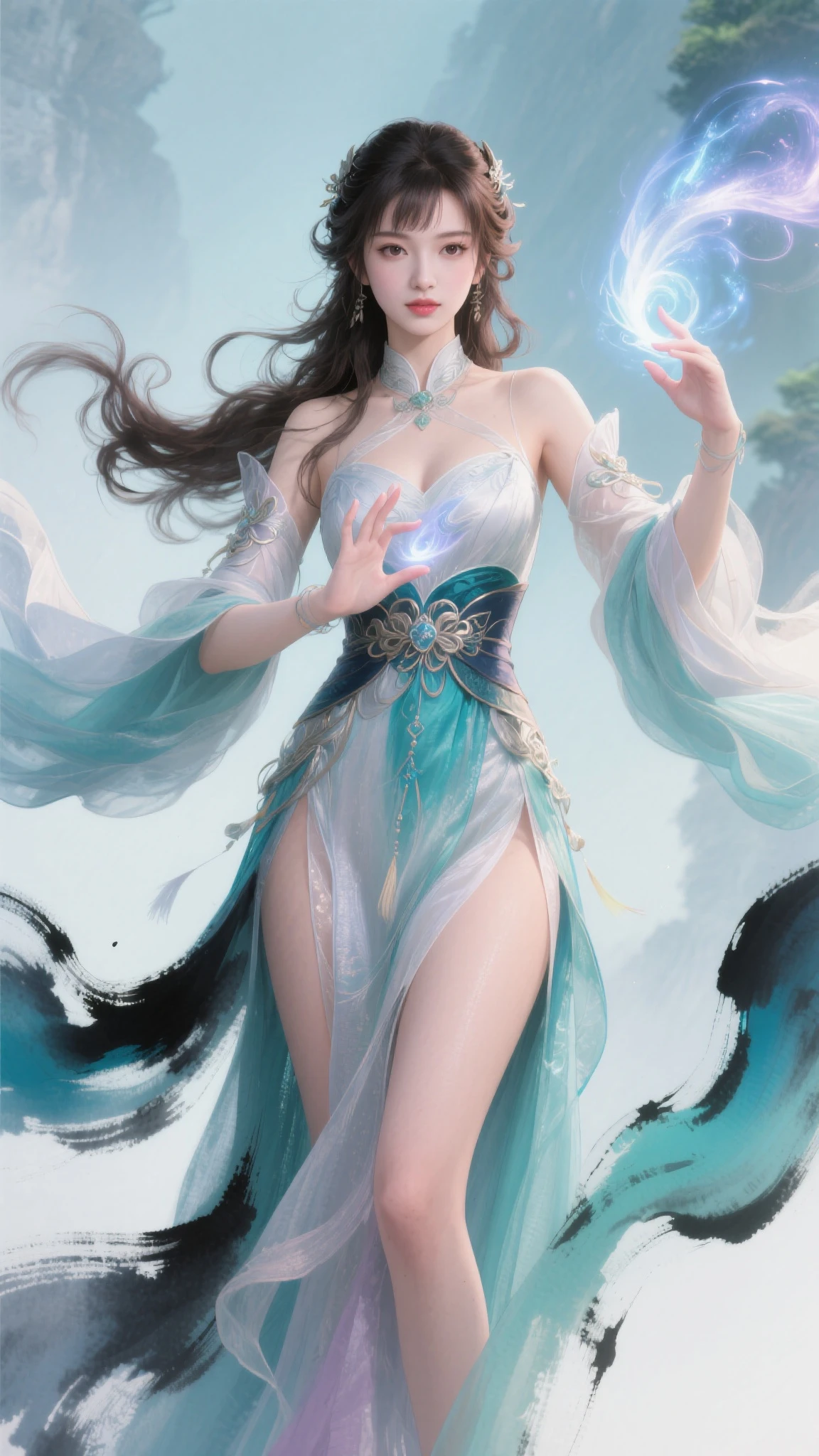 (8k, RAW Photos: 1.2), Best Quality, Illustration, Beautiful Painting, 1 Woman, Beautiful Face, Delicate Skin, Gorgeous Bun, Hair Accessories, Hanfu, Full Body, High Detail, Accent, Color Ink Painting, Splash Color, (((colorful)), lycoris, Sketch, Denoising, Splashing ink, Dramatic, Cinematic, White background, Super High Resolution, Best Shadow, RAW, (HDR) (wallpaper) (Cinematic lighting) (sharp focus), Masterpiece, (Very detailed CG unified 8k wallpaper)
