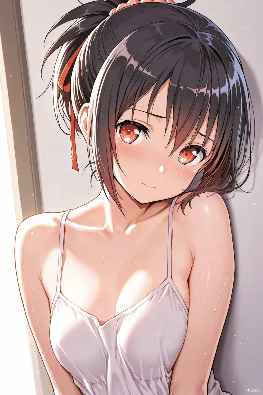 [[anime styled]],Tomomi_Xijing,black hair,Short hair,Hair Ribbon,red eyes,midium build,NSFW,1girl in,solo,((standing)),(upper body:1.3),,((short torso)),Perfect Lighting,naked,nude,((topless,nipples)),((red lace panties)),smile, (strong light),((brighten the subject)),blush,sexy pose, break background classroom,