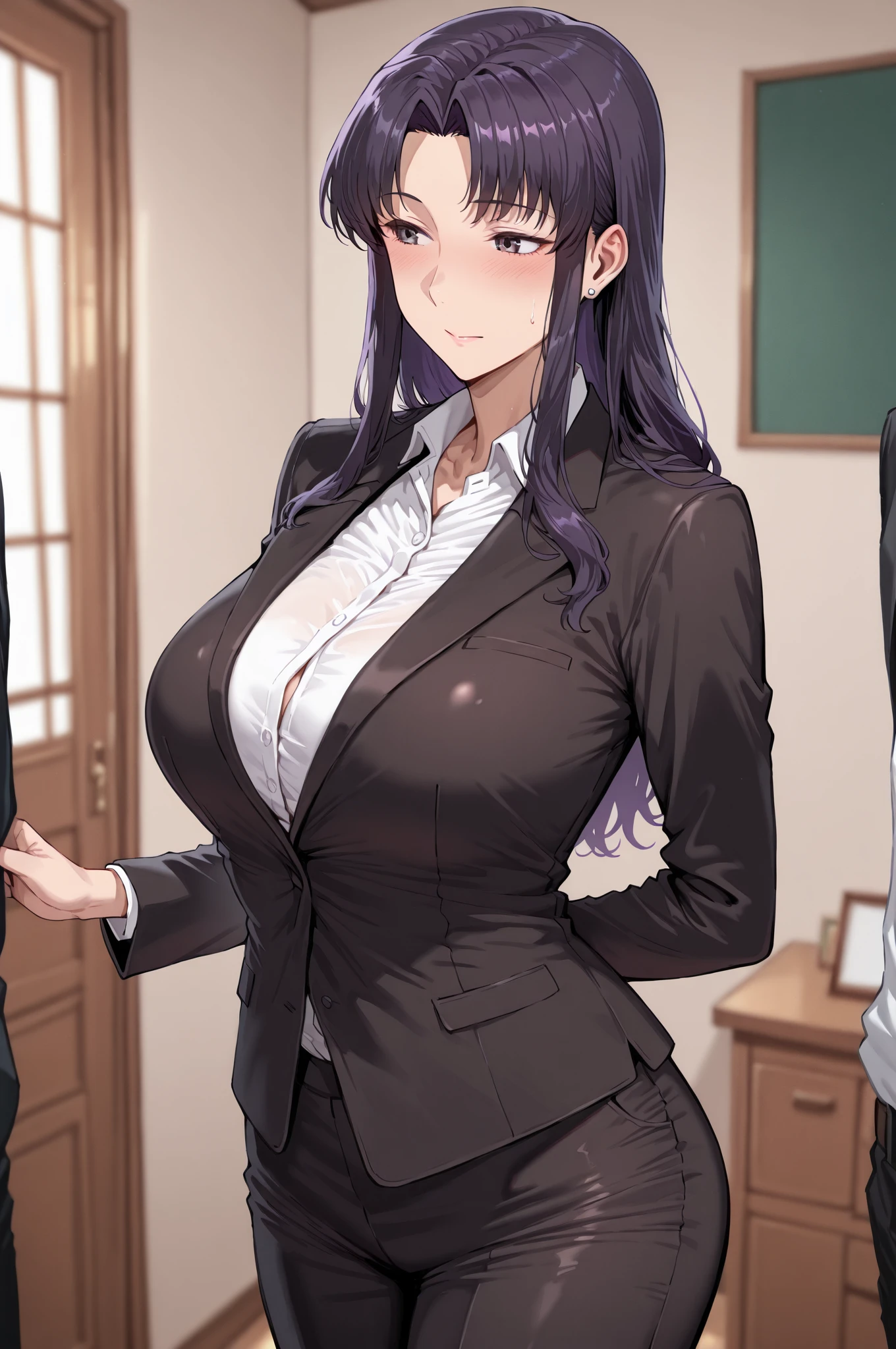 The male protagonist is、Talk to a woman with long black hair wearing professional clothes, the woman is smiling、photos are fun, In 5 luxurious offices