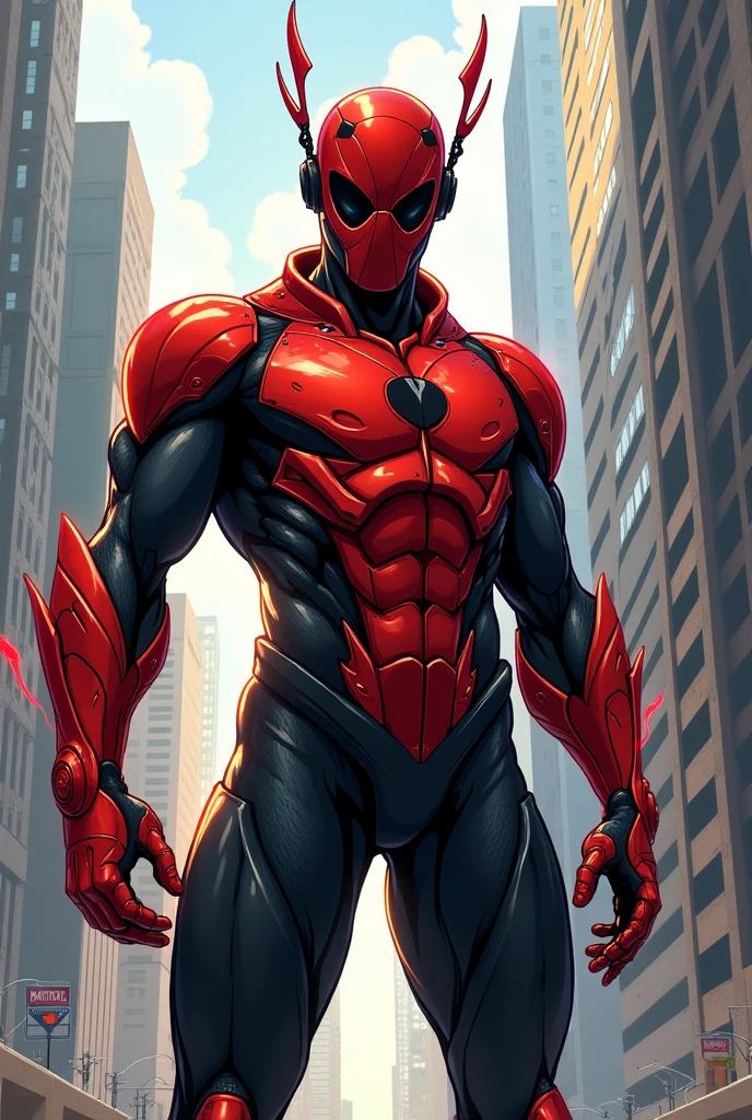 Guy wearing cyberpunk helmet armor red and blue fullbody spider logo on chest fullbody cuffs on ankles concept art cuffs on wrists