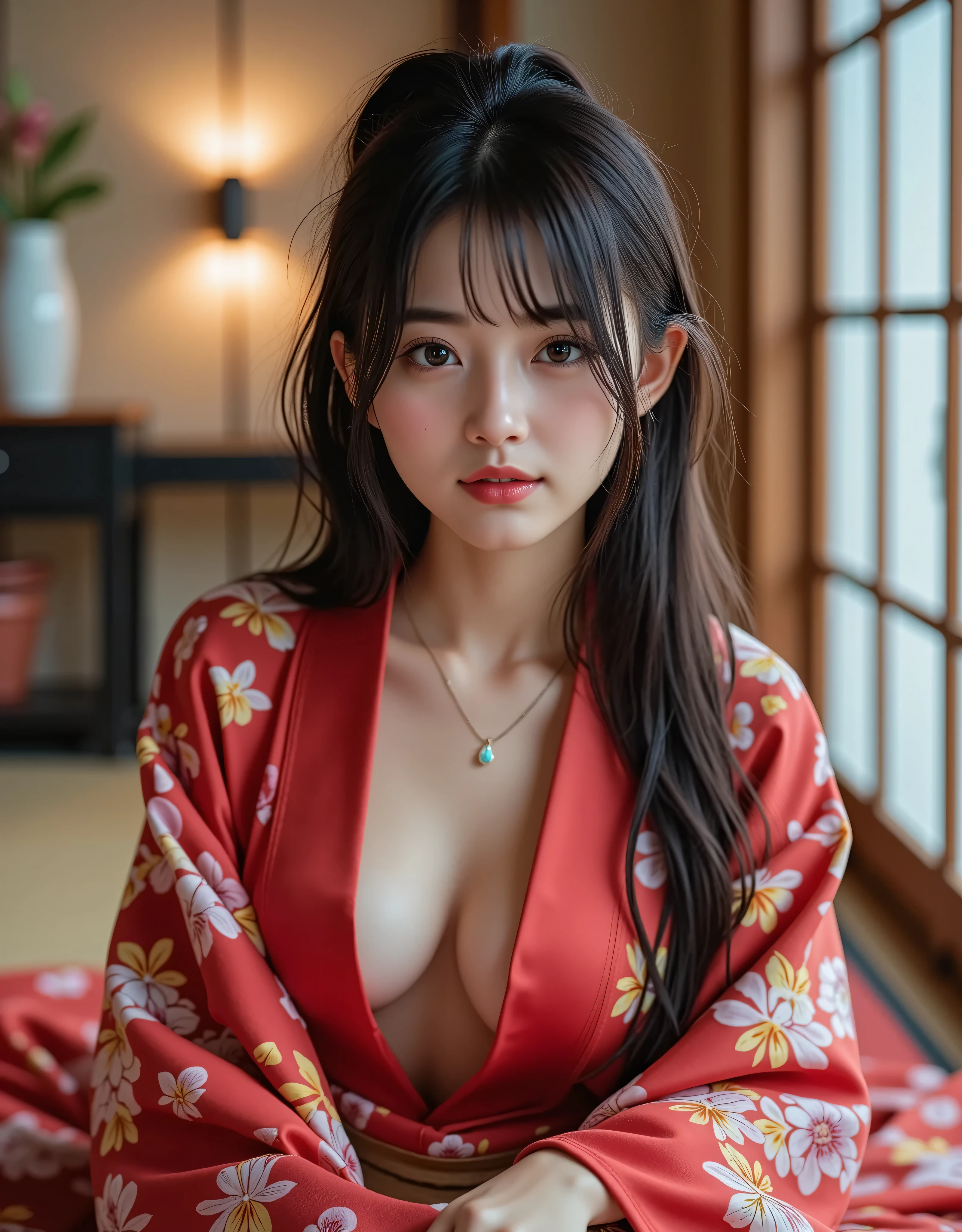 13 year old girl,Exquisite facial features,Red clothes,Chinese woman,cleavage, V-neck,8K分辨率,Real light