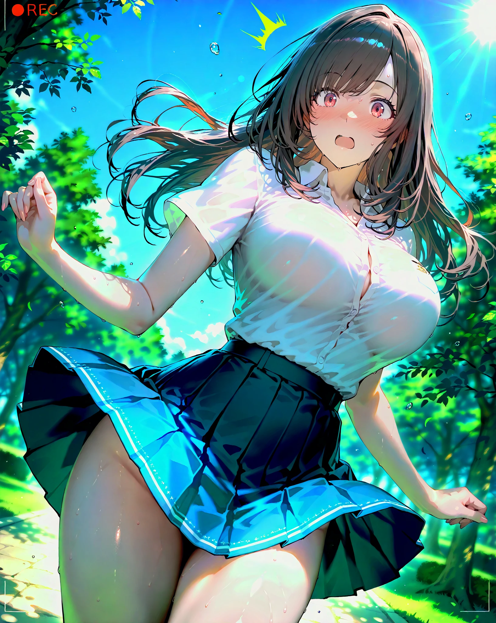 ((1 loli in sexy school clothes, mini skirt, mini blouse)),((alsen breasts)),((happy face, in a forest)),((walking, wet pussy, ????? breasts)), ((very large pubic hair)),((big black hair with a short ponytail, bangs covering both eyes)),((facing the viewer, in a forest)),