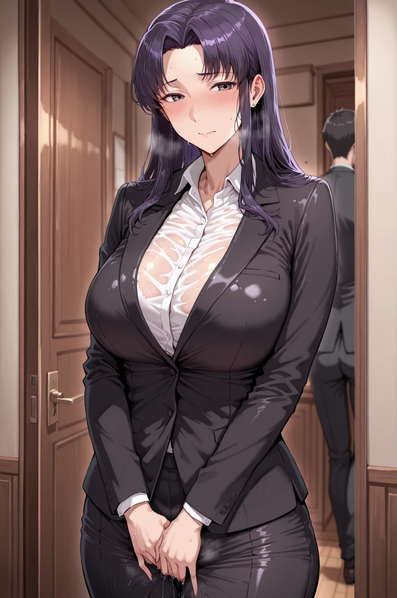 realistic anime art style,(tareme:1.3),(curvy body),black curly hair,(trembling:1.8),(flying heart shapes:1.5),(white blouse),clothed,(unpretentious mature woman standing upright in crowded train),crowds touching woman,having sex,(sweaty),nipple through,mature face,(anguish and blushed:1.3),look at viewer,full body shot,orgasm
