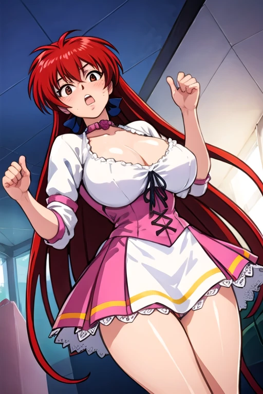 score_9, score_8_up, score_7_up, BREAK source_anime,best quality, masterpiece,anime screencap,source_anime,(ai-generated:0.8),
best quality, wery aesthetic,absurdres,
otmn,1girl,solo,
pwk hair,
large breasts,
smile,happy,w,
 white shirt,,short sleewes, red colored pleated skirt, green colored bowtie, white thighhighs, 
spoken heart, 
standwg,wawwg, 
w school,Panties - Fully visible、Stripes々Panties
、Without skirt、In underwear