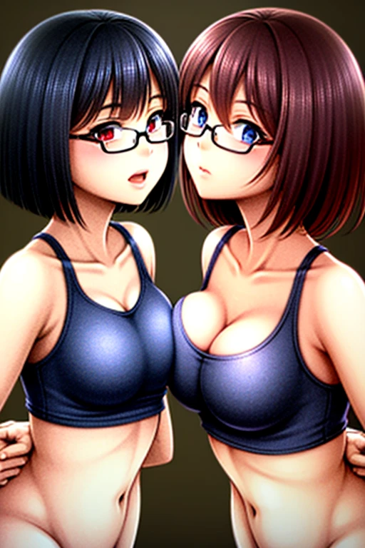 2heads, a very tall skinny woman with 2 heads. Dancing in a dark dark strip club, on a stage in a strip club, dancing near stripper pole. Wearing thick glasses, wearing tiny bikini top, wearing jean shorts, tiny nipples. Young, e-girl, girlfriend. Messy short black hair. Thin face. Smiling. Blushing. Tiny breasts. Seductive. Thick eyeliner. Eyeshadow. Smug expression. Extremely tall. Small breasts. Gently touching breasts. Flat chest, small breasts. Freckles, many freckles. Seductive pose. Slutty. Grabbing breasts, firmly squeezing breasts.