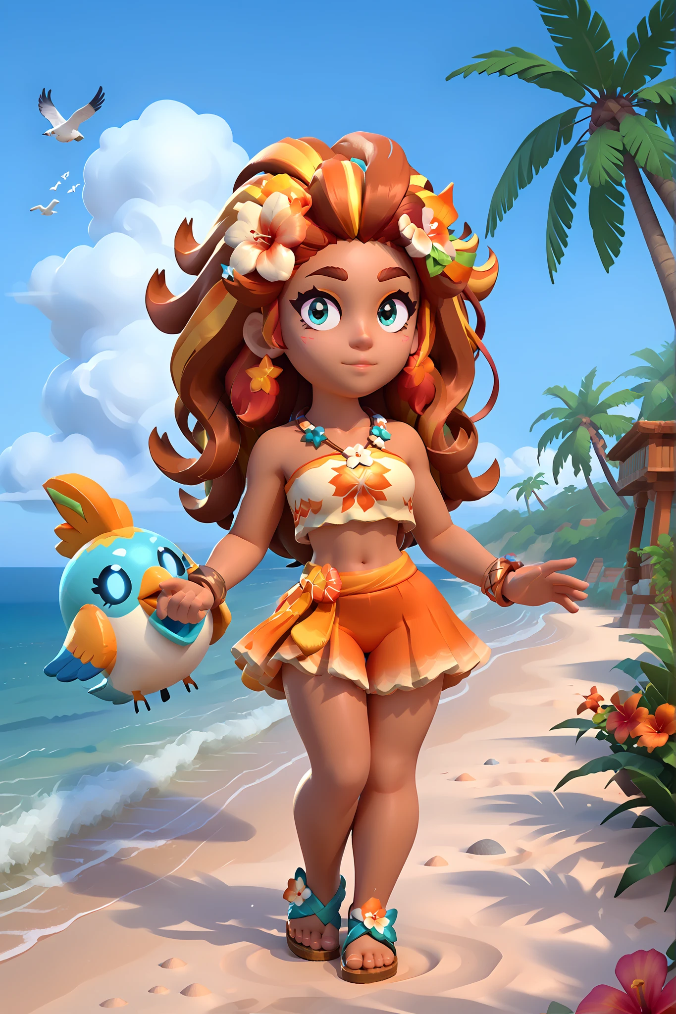 A short and dense-looking woman with naturally beautiful proportions on a private tropical beach during a spectacular summer day. She has curvy hips, firm breasts, thick legs, and warm brown skin with a healthy glow. Her voluminous, wavy hair is a luminous bluish light-blue tone, matching her large, expressive eyes with long white-blue eyelashes. She wears a neon yellow crop top and an ultra-short matching neon yellow skirt, both reflecting the sun vividly. She stands barefoot or in casual beach sandals on golden sand. The sky is breathtaking — clear and vivid with scattered clouds and seagulls flying gracefully overhead. The background includes sparkling turquoise water, gentle waves, palm shadows, and warm sunlight casting dramatic highlights on her body. Highly detailed, summery atmosphere, glowing skin textures, cinematic lighting, tropical colors, and an inviting, luxurious beach setting.