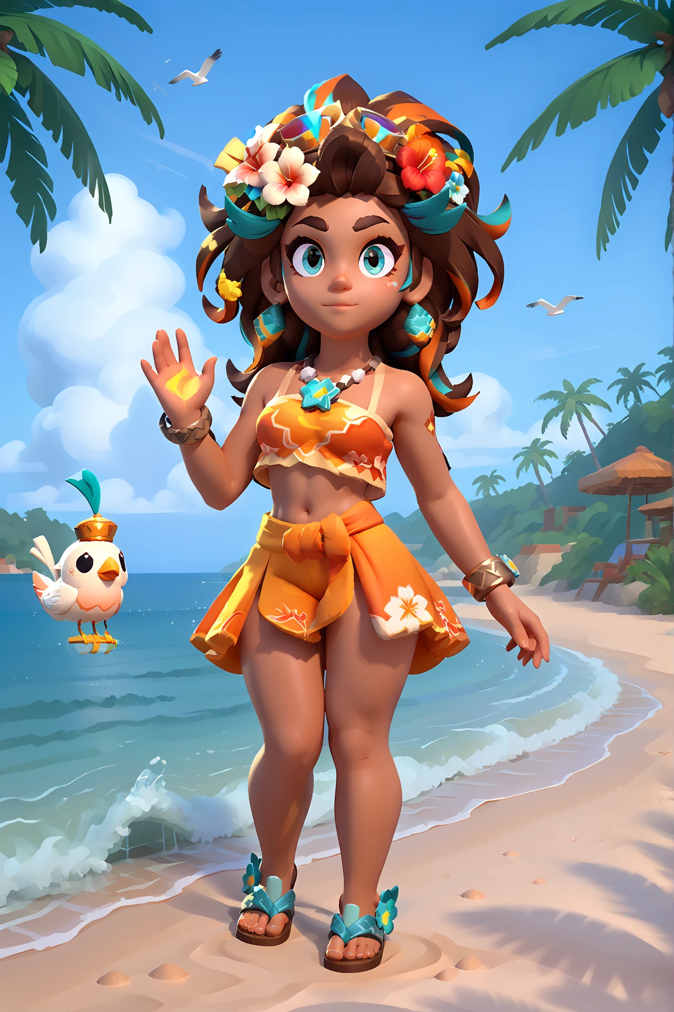 A short and dense-looking woman with naturally beautiful proportions on a private tropical beach during a spectacular summer day. She has curvy hips, firm breasts, thick legs, and warm brown skin with a healthy glow. Her voluminous, wavy hair is a luminous bluish light-blue tone, matching her large, expressive eyes with long white-blue eyelashes. She wears a neon yellow crop top and an ultra-short matching neon yellow skirt, both reflecting the sun vividly. She stands barefoot or in casual beach sandals on golden sand. The sky is breathtaking — clear and vivid with scattered clouds and seagulls flying gracefully overhead. The background includes sparkling turquoise water, gentle waves, palm shadows, and warm sunlight casting dramatic highlights on her body. Highly detailed, summery atmosphere, glowing skin textures, cinematic lighting, tropical colors, and an inviting, luxurious beach setting.