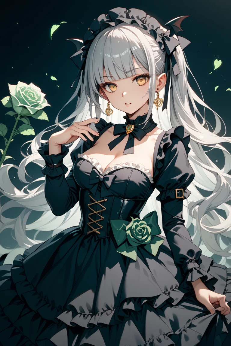 Masterpiece artwork, best qualityer, 1girl, (fullcolor), (delicate eyes and face), Lumiere volumática, Ray tracing, bust photo, extremely detailed CG Unit 8K wallpaper, 独奏, ssmile, intricate bikini, ((flying petal)), (flowery meadow) sky, sky nublado, moonlighr, moonligh, natta, (dark theme: 1.3), Lumiere, fancy, windy, magic sparks, dark castle, long white hair