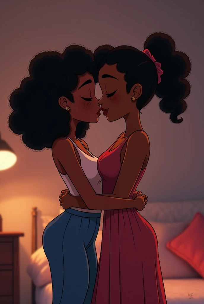 (xlsanaa, dark skin, kenyan, Style-Princess) (1 man, 1 catgirl) (hetero, couple) (crossdressing, fully clothed) (brown hair, blue eyes) (portrait) (women's clothes only) (women's beautifully feminine skintight velvet floral print frilly girly pink adorable ballet leotards) (white opaque tights, no shoes) (tiaras, pink shoulder-length silk gloves:1.3) (woman's bedroom, four-poster bed) (lying down, hugging, bending knee) (intimacy, playfulness, closeness)