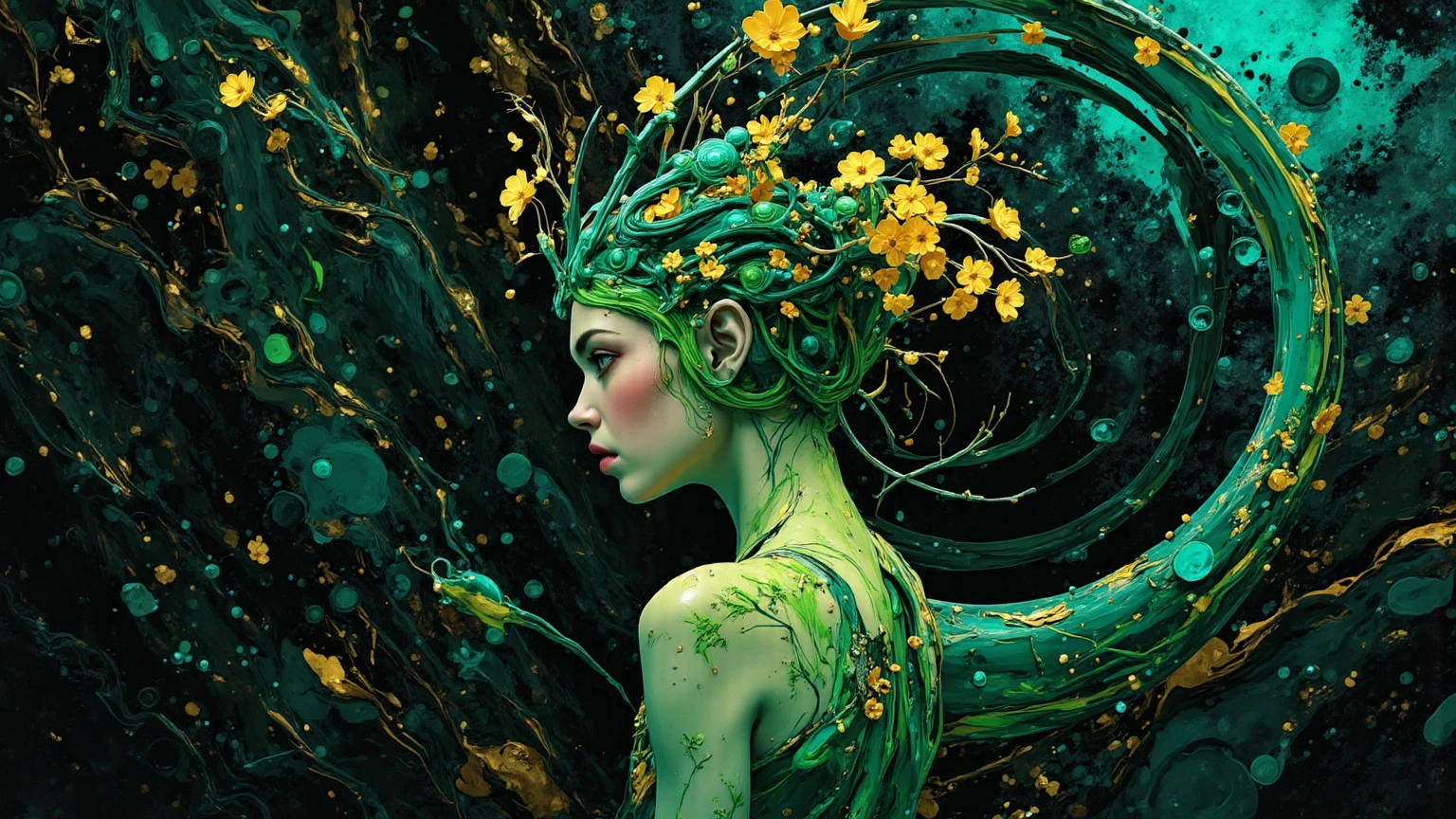 a close up of a woman with green hair and a green dress, greenskin. intrikate, art by alessandro pautasso, beautiful digital art, Exquisite digital illustration, beautiful digital art, amazing digital art, intrikate digital painting, great digital art with details, green colored skin, stunning digital illustration, digital art stunning, green feathery hair, amazing digital art