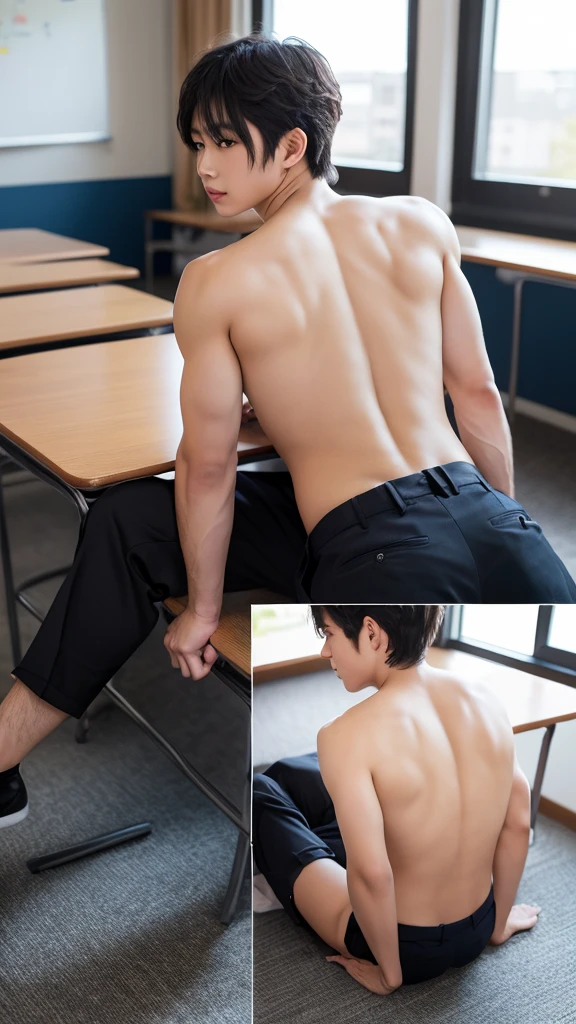 1boy、Real photo style、Photo Quality、Cute handsome man、Mash Hair、Japanese male, 、Completely naked、Full nudity、erection、Huge penis、Highest quality、Realistic、beautiful、Back view、Butt Exposed、Face turned to the side、Surrounded by students in uniform, her whole body is touched、In the classroom