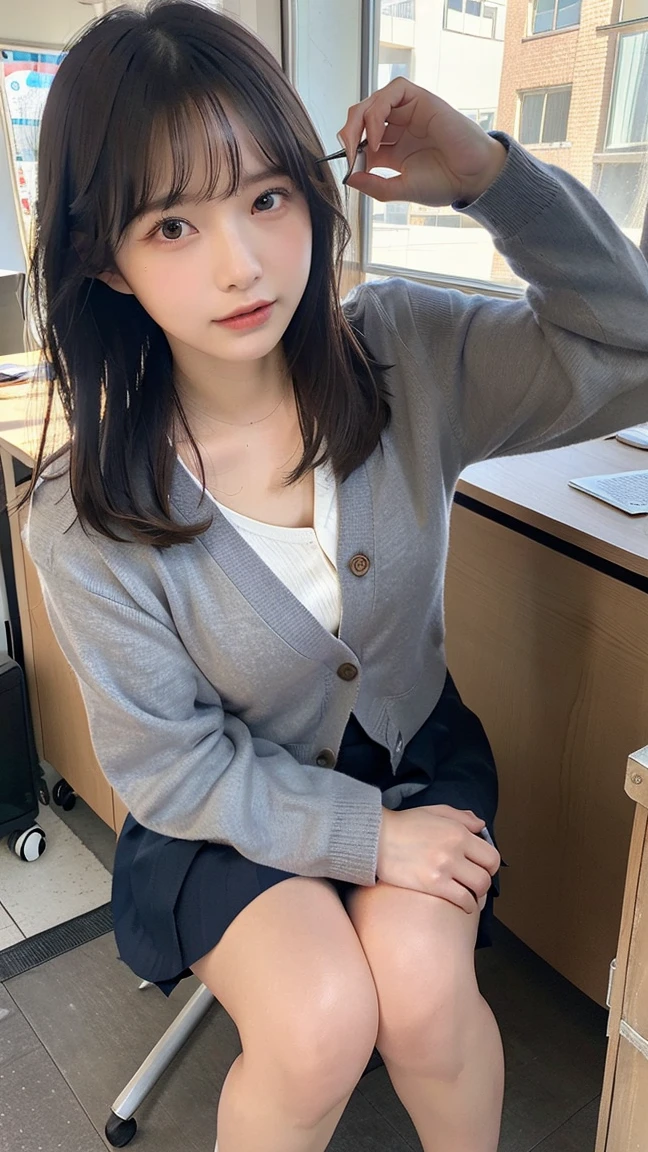 (A hyper-realistic), (illustratio), (hight resolution), (in 8K), (ighly detailed), (The best illustrations), (Beautiful detailed eyes), (top-quality), (ultra-detailliert), (masterpiece), (wall-paper), (详细的脸), (beautiful smiling face)、(Beautiful expression)、(A dark-haired)、(Short Bob Cut Hair)、Black eyes、Earrings with bangs、独奏、(((Cute Japan Beautiful Girl)))、(((High School Uniform)))、(School uniform:1.4)、(((wearing a navy blue sweater)))、Tie Ribbon、(((Dark blue mini skirt)))、(((Green sexy lace panties)))、((green small sexy panties))、((Baby face))、(((D Cup Beautiful Breasts)))、(((clean!!!!)))、((clean breasts))、 (((Glamorous body)))、(slightly chubby figure)、((R-18))、(NSFW) 、(Near and far law)、 ((Full body subject))、 (Provocation by showing sexy panties)、 (((Open your legs:8.5!!!!))),(((Sit on a desk、Bend your knees、Spread your legs wide)))、(School classroom background:1.1)