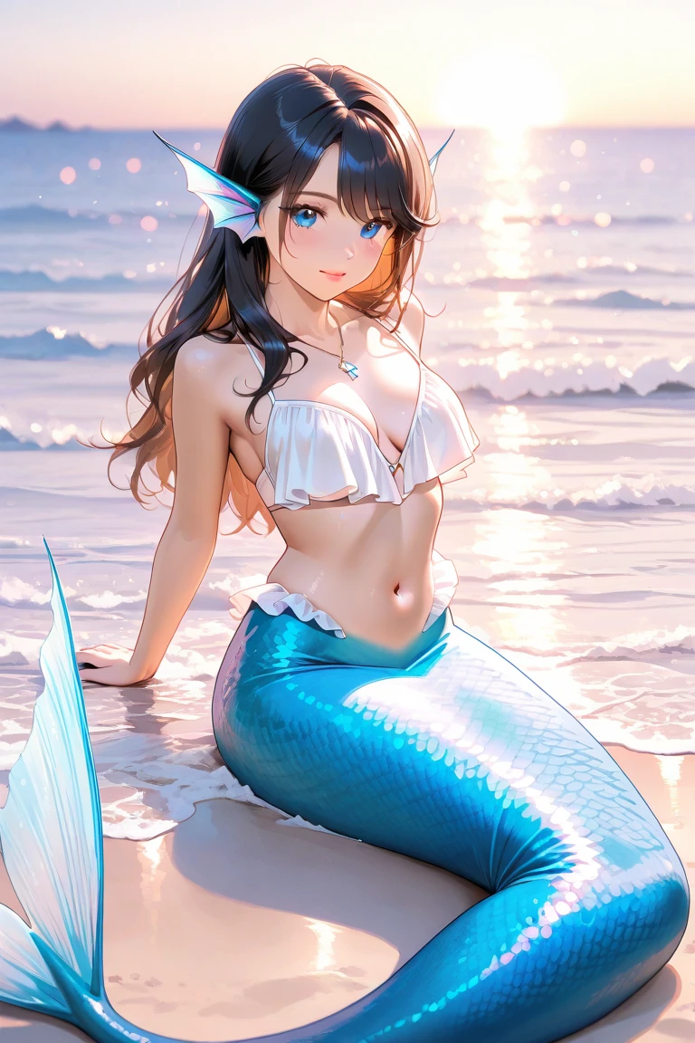 Mare、top-quality、Master Pieces、8k、Blue mermaid fins、dark brown hair、poneyTail、solo beautiful girl、sharpnes、Red BRA、Violet Mini Apron、Cute、A sexy、A slender、Constriction、