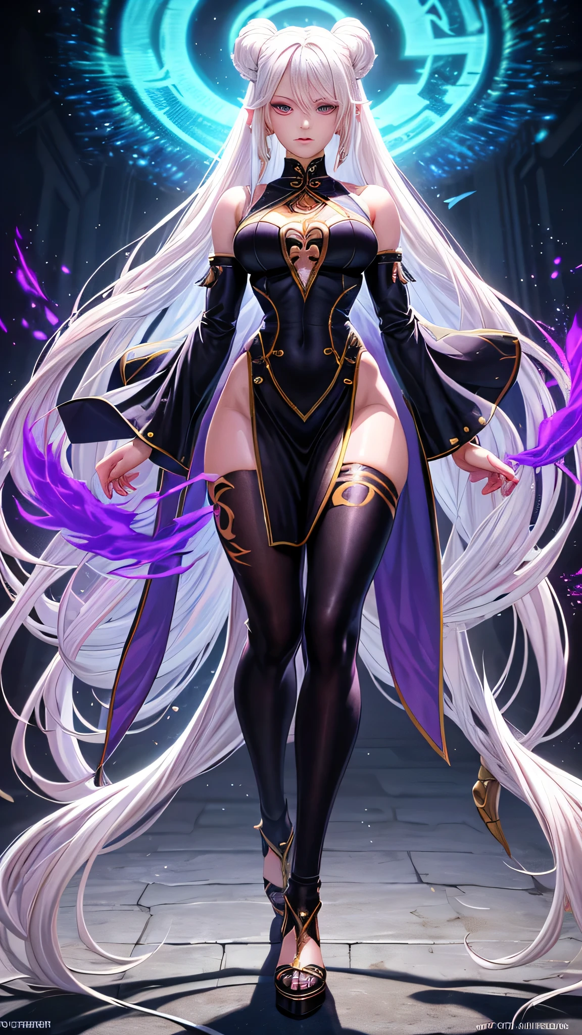 ultra quality, young woman, high, bright skin, White hair,t-shirt,strappy, slim, topic, skirt,Remove,coat,thigh high boots,Platform,purple boots,zipper,green eyes, Autumn, bracelets, park, Height,piquancy,exquisitely,long gloves,open shoulders,choker, for the whole growth.
good drawing of the eyes,ultra quality,looking at the viewer