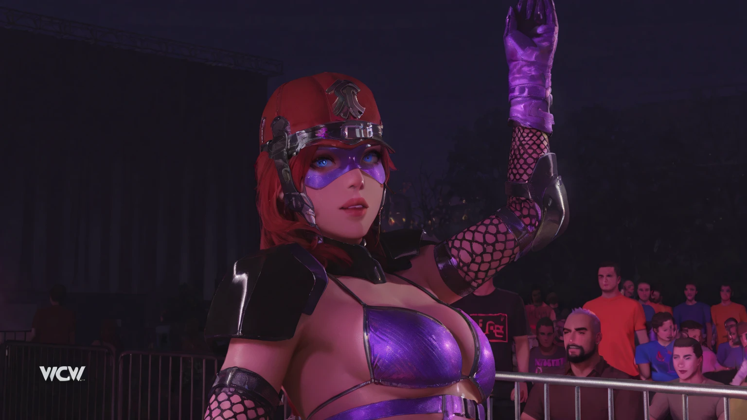boxing woman,boxing glove,((Sunglasses:1.3)),((Religious tattoos:1.3)),(confident smile),strong look,I look at the viewer,perfect face,gentle face,giant breasts,tight soldier vest,tight black trousers,((Damaged clothing:1.4)),Ear pendants,Cross Necklace,((fighting stance:1.2)),((black skin:1.3)),curly hair,((purple orange highlights hair:1.2)),((cyborg:1.2)),Strong hands,perfect abs,thin waist,thick legs,wide hips, (Sweating:1.4),(wet clothes:1.3),((wet skin:1.3)),Shiny skin,Highly detailed face, Beautiful, detailed eyes,upper body, broke up_lips, realistic,the background is purple ,Bright mood, hips,((In the underground arena "Black Fist")), battle zone,detailed texture, highlight, bright color, strong light_contrast,
finely detailed leather, Sharp Focus, cold lighting,Cool tone filter, masterpiece,A lot of spectators,night,
16 thousand., Best quality, photorealistic,HDR,uhd