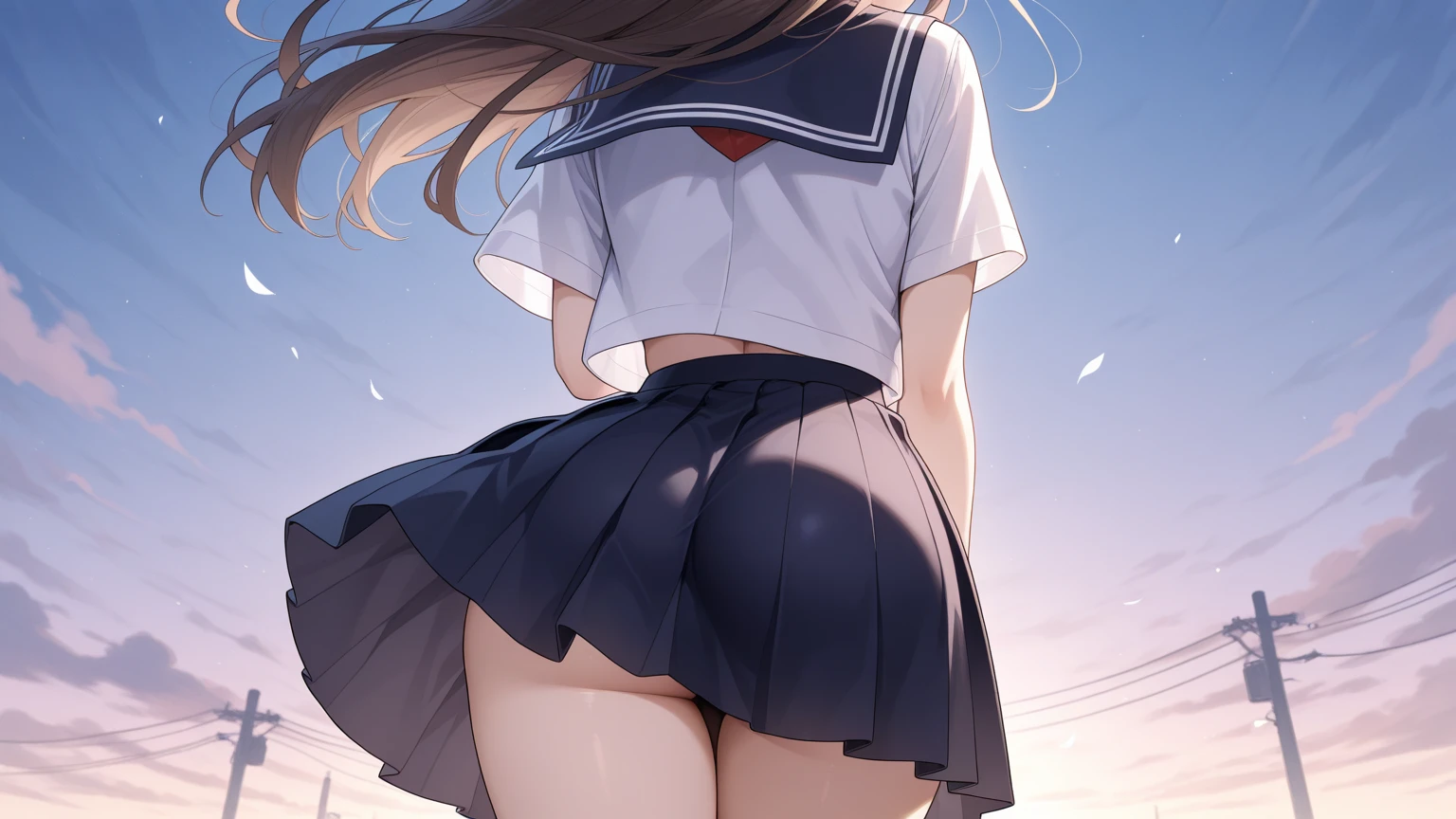 score_9, score_8_up, score_7_up, score_6_up, score_5_up, score_4_up, source_anime, aatomoyo, long hair, black hair, beret, white hat, straight bangs, purple eyes, small breasts, serafuku, white sailor collar, white scarf, black shirt, long sleeves, pleated skirt, white skirt on the side, field, sunset, wind, standing, cowboy shot, from the back, on all fours with her ass sticking out towards the camera, sexy position,