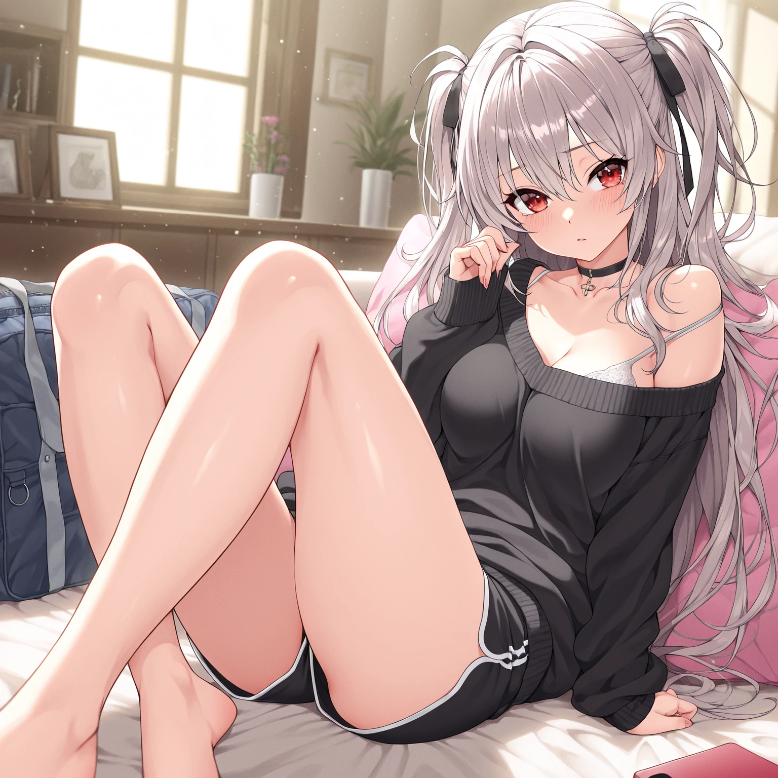 14 years old, school girl, sports bra, short , ponytail, fit clothes, red eyes, silver hair, spread leg, wet, Lying with legs spread,
