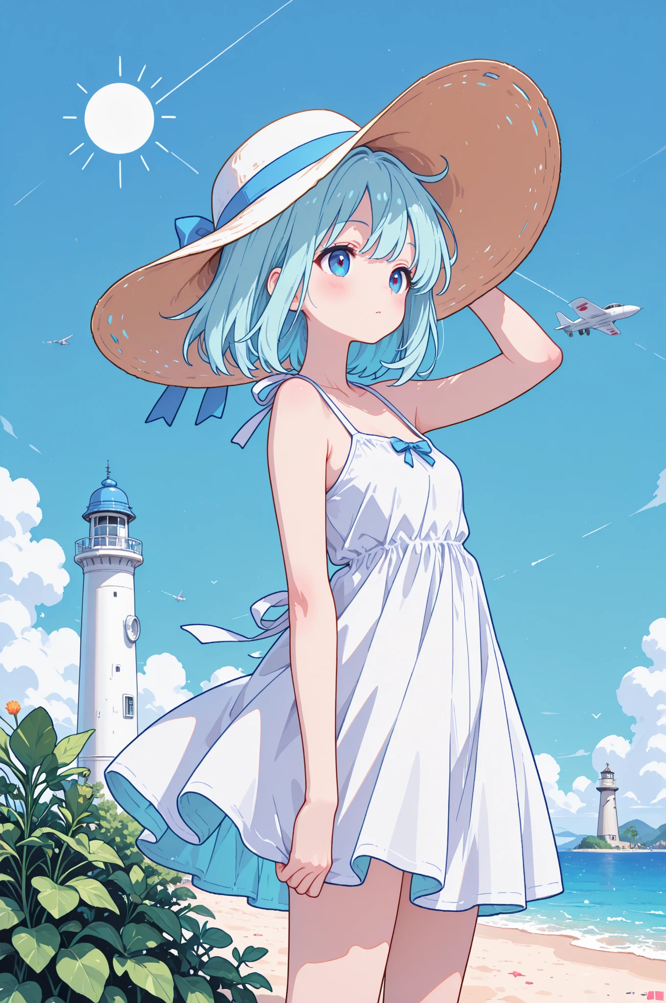 (masterpiece, best quality:1.2), UHD, retina, highres, 4K, 8K, ultra-detailed, highly detailed, super detailed, anatomically correct, perfect anatomy, detailed hands; summer beach scene; anime girl,1girl, pale turquoise hair:1.2, blue eyes, fair skin; casual posing, dress fluttering in the wind:1.1, character shadow; white sundress, white sun hat; bright blue sky, pale beige sand, turquoise sea; background lighthouse, small islands, military jet flying overhead:1.1, beach plants and greenery; vivid aesthetic;