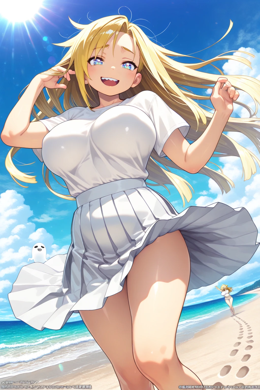 Big Breasts,blue sky,Blonde,Completely naked,Beige skin,Black socks,An anime character sitting on the ground with his head bowed, By Kentaro Miura,, Looking into the distance, The wind is blowing、Hair fluttering, smile,Ishida Sui Art Manga, Hair blowing in the wind, Beautiful anime outline, far!!, Pin on anime