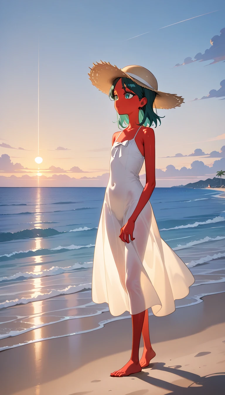 (masterpiece, best quality), 1girl, 18yo, (white panties), topless, nipple, smile, sea, bridge, wide angle, view from below, blue skies, vibrant colors, bright, white, anime minimalist, watercolor