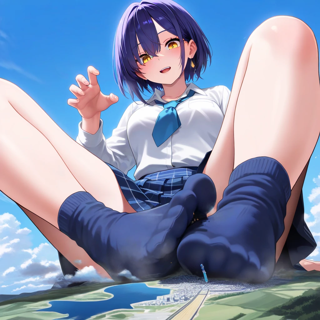 ((anime:1.25)),((best quality)), ((highly detailed)),(((sketch:))) extremely detailed face, beautiful face,((1girl)),((solo)),(shiny skin),(cowboy shot),(looking at viewer:1.25),  (grey hoodie), fang, blue hair, skin fang,( white blazer,blazer:1.15), short hair, (white jacket:1.05),bangs, (black skirt), (hair behind ear), (collared shirt), purple eyes, (pleated skirt), armband, (hair ornament),thick thighs,(((skirt lift:1.25))),(huge breasts),,(((pussy:1.35))),((bottomless)),((outdoors:1.25)),,,((park,bench:1.5)),((sitting:1.35)),((sit on bench:1.35)),((nose blush:1.32)),(happy,smile:0.95),:d, ((spread legs:1.45)),BREAK ((black socks:1.15)),,BREAK  ((brown loafers:1.15)),(arms behind back:1.05),,(from below)
