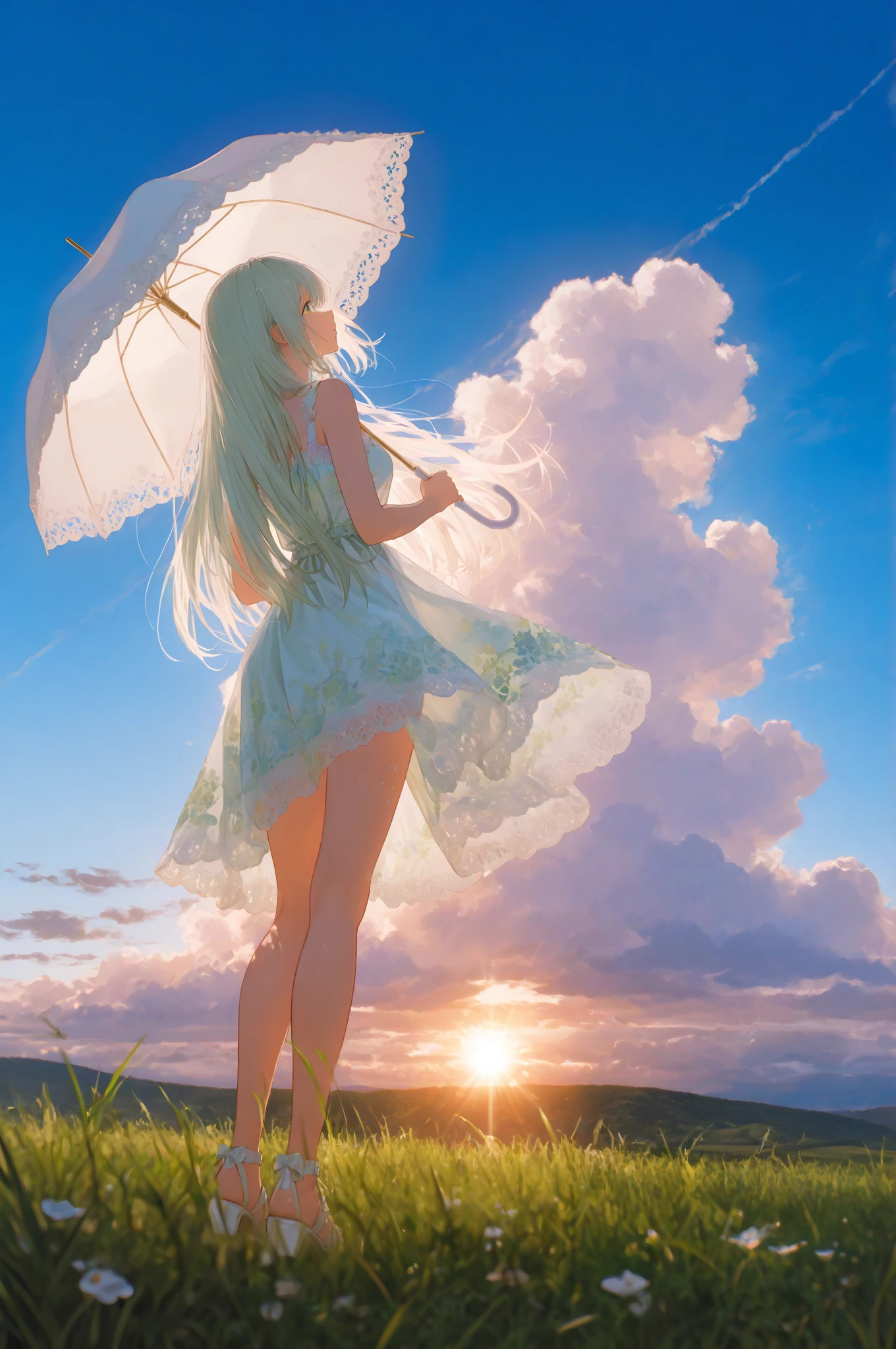 (masterpiece, best quality, ultra high definition), anime style, summer scene, looking up from low angle, , focus on lower body, flowing light pastel color one-piece dress with a subtle flowery pattern, fluttering in the wind, sheer thin fabric slightly translucent in sunlight, elegant and beautiful legs, wearing white sandals, holding a pastel color parasol with lace trim, extremely long hair, cuticle, beautiful face, golden ratio,  standing on a grassy hill, vibrant green grass, clear blue sky with fluffy clouds, bright lighting, strong sunlight casting delicate shadows through the dress, breeze lifting the hem gently, sunlight outlining the body contours, soft rim lighting, gentle sunlight glow on skin and fabric edges, natural highlight on legs and dress, fresh and refreshing atmosphere, morning, summer vibe, waist-length beautiful straight hair with a silky shine and visible cuticle glow, hair softly swaying in the breeze, radical composition, vanishing point on the sun, parasol structure is drawn precisely, natural structure, extremely realistically texture of the skirt, official art, 8k, highres, realism