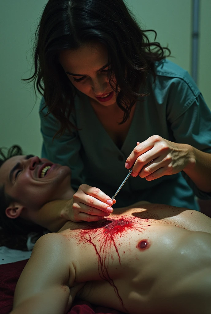A military soldier, He's hurt, while a doctor, de cabelos pretos, Caucasian skin, tattooed, black clothes and a white coat is doing his dressings.