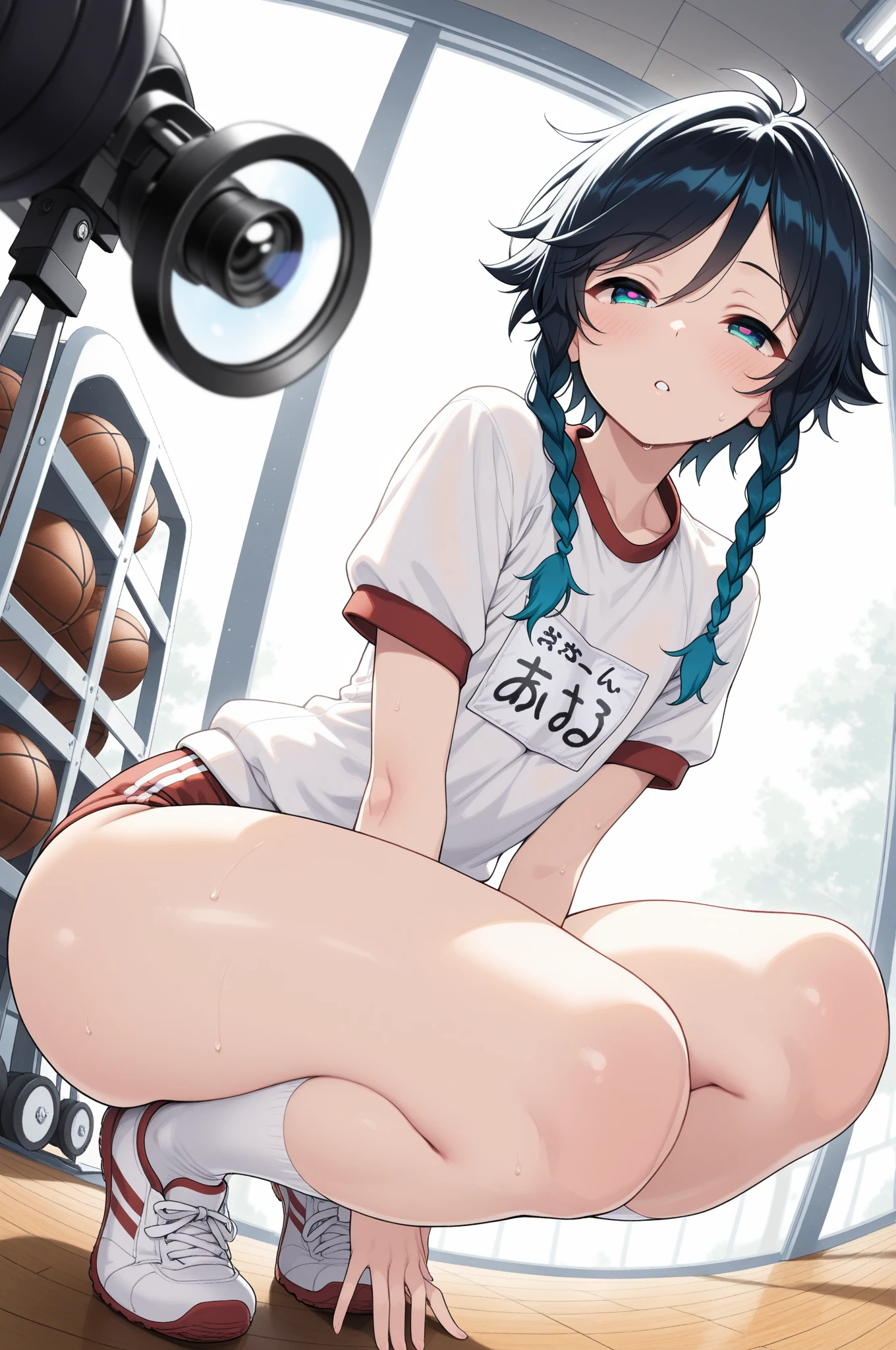A Female robot is sleeping in a fridge, spread legs, nude, banzai pose. she wears no dress. She Brown short hair is tied with two big red clothespins, She lifts up the under hem of her white plain dress, leaning over, masterpiece, very short pigtails,brown hair, mature, android, blue eyes, full body figure, Height: 160cm, flushed cheeks, 2020s anime picture, A beautiful robot with short brown hair in two short pigtails held up by two very large huge red clothespins, Uplifting, No NSFW, whole body, barefoot, archaic smile, getting orgasm, 25 years old, sweat bucket. robot skin.