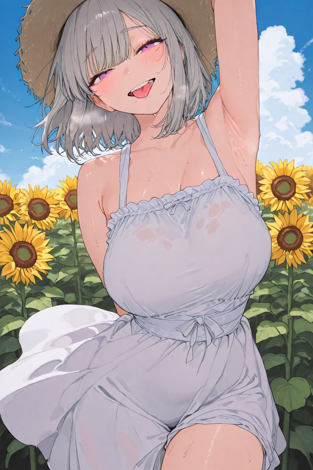 4k, 1toddler, solo, shiny skin, short hair, wolfcut, wavy hair, light green hair, large eyes, (flat chest), ((infantile build)), sitting, (((wariza))), (hands between legs), looking at viewer, smile, (blush), wearing one-piece dress, white dress, sleeveless dress, pointy nipples, white sandals, straw hat, sweat, Clothes soaked in sweat and transparent, Clothes are transparent and nipples are visible, blue sky, sunflower field, from below,