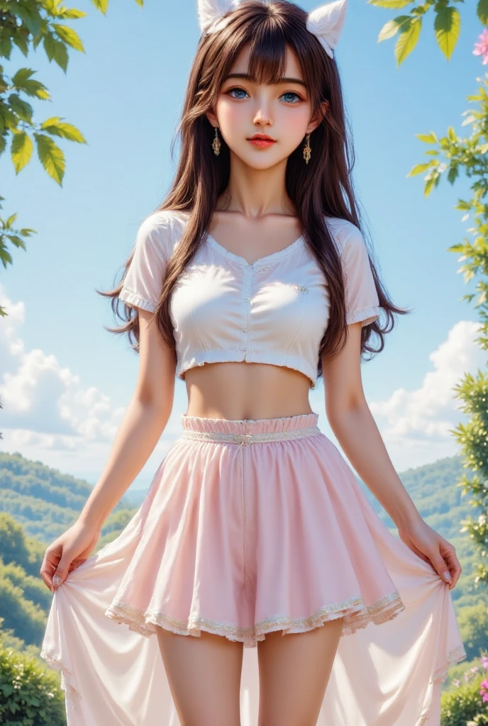UHD, anatomically correct, textured skin, best quality, 8k,Canon, Canon, foreshortening,Cubist Futurism, modern, Realism, Contemporary art, Action painting,drop shadow, blending、Small Breasts, Svelte Body、 light smile, (masterpiece:1.2, highest quality), (Realistic, photoRealistic:1.4),Woman in a T-shirt and tight mini skirt lying on a tree trunk、lazy posture、((Lift up your skirt、Showing her satin pink panties:1.3)), Wicker Swing、blank、free-hand、White、masterpiece、Ultra dense、narrative poetry synthesis、high resolution、highest quality