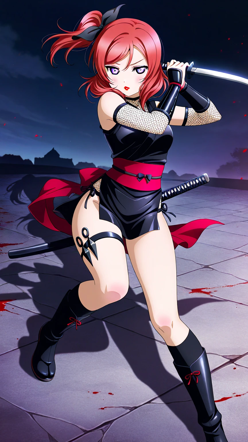A woman in a bunny suit holding a sword and sword, video game character Katana Zero, Katana, gothic ninja, Erza Scarlet as a real person, Katanas tied to her back, red-haired Templar, colored assassin, Yayoi Kasuma, Gaiden ninja portrait girl, katarina, crimson outfit, with a serious face