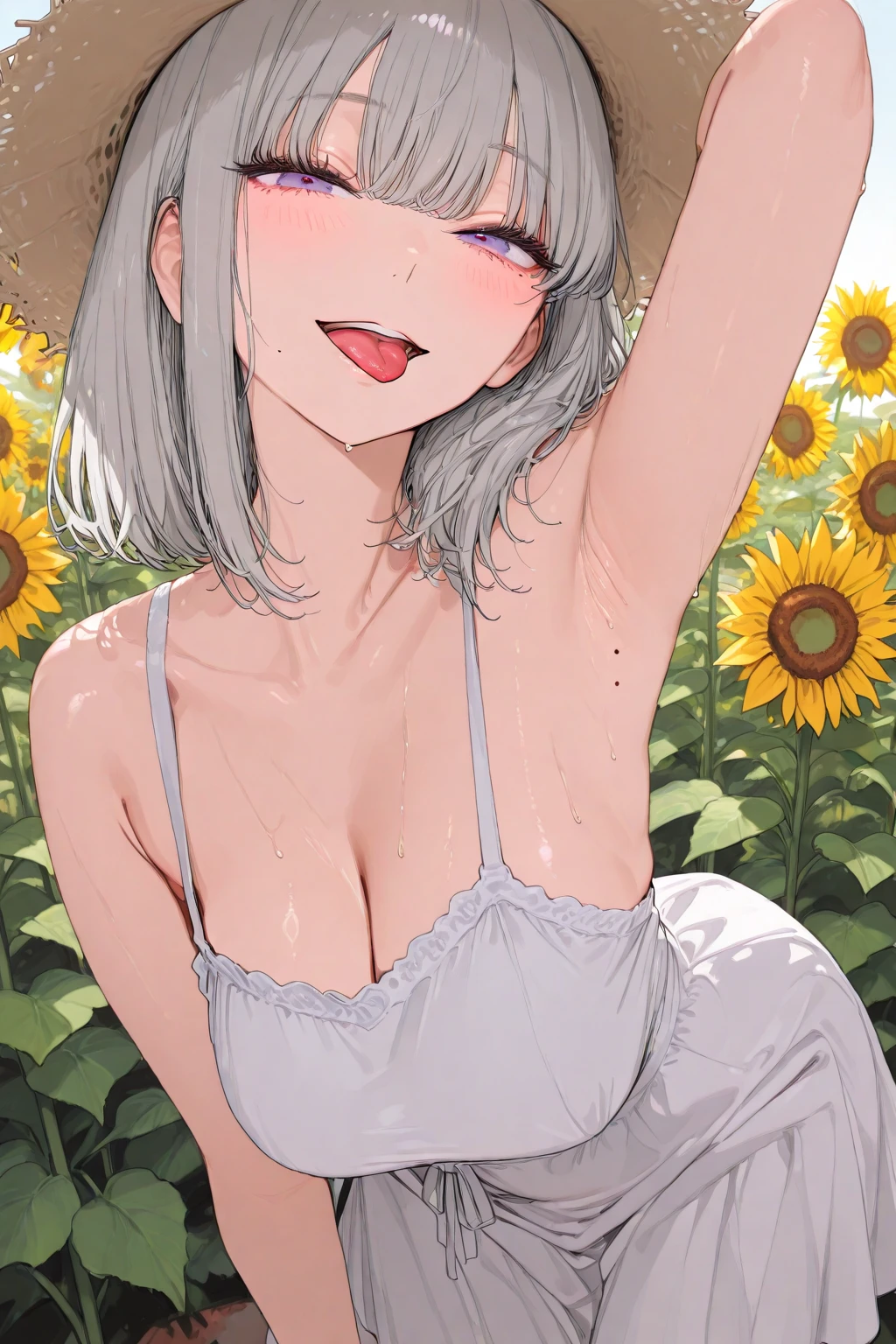 (((best quality)), ((masterpiece)), (details), masterpiece, best quality, high quality, ulutra detailed, perfect face, ((1girl, blue eyes, cat ears: 1.3 silver bob hair: 2.5,)) 、Shiny Hair、Glowing Skin、blush、Lustful look、smile、Sunflower print bikini、Sunflower hair accessory、Sunflower field background、whole body、Sexy pose