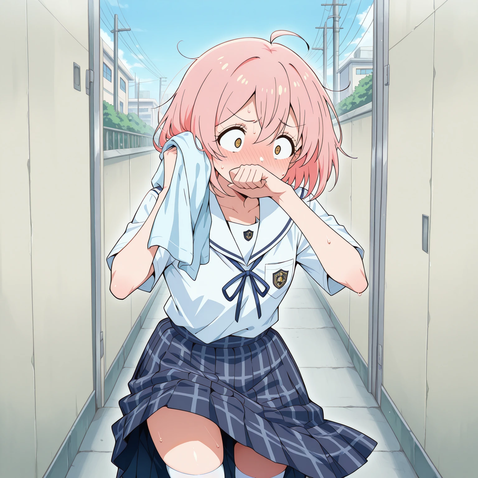 masterpiece, best quality, very aesthetic, absurdres, 1girl, beautiful face, tareme, asymmetrical bangs, pastel pink hair, medium hair, straight hair, medium breasts, squatting, panties, anime artwork, super fine illustration, ultra detailed, cowboy shot, looking at viewer