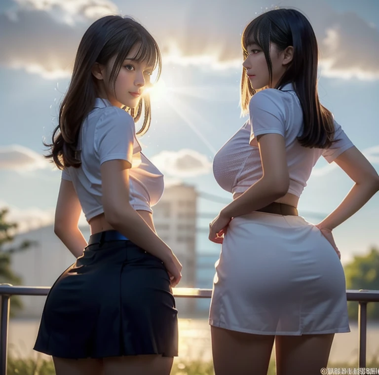 Highest quality, 8K quality, Masterpiece, Two busty women standing side by side, (Super big breasts compressed by clothes:1.2), Whitening skin, Sparkling Blue Eyes, Deep crimson sailor collar uniform, (Pleated skirt), Above the knee, Skirtliftv1, (Booty stretched and highlighted by hands:1.3), (Super big breasts in a frontal view), (White panties), grabbing own ass, skirtlift