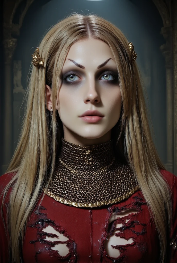 elden ring style, woman with long blonde hair and dark shaded eyes with striking gaze under eyelashes, she is wearing ornate but torn and deformed  red dress with golden edges and damaged chainmail armor over dress, dark and eerie atmosphere, chromatic aberration and film grain, fantasy <lora:sxz-eldenring-aitoolkit-flux:1.25>