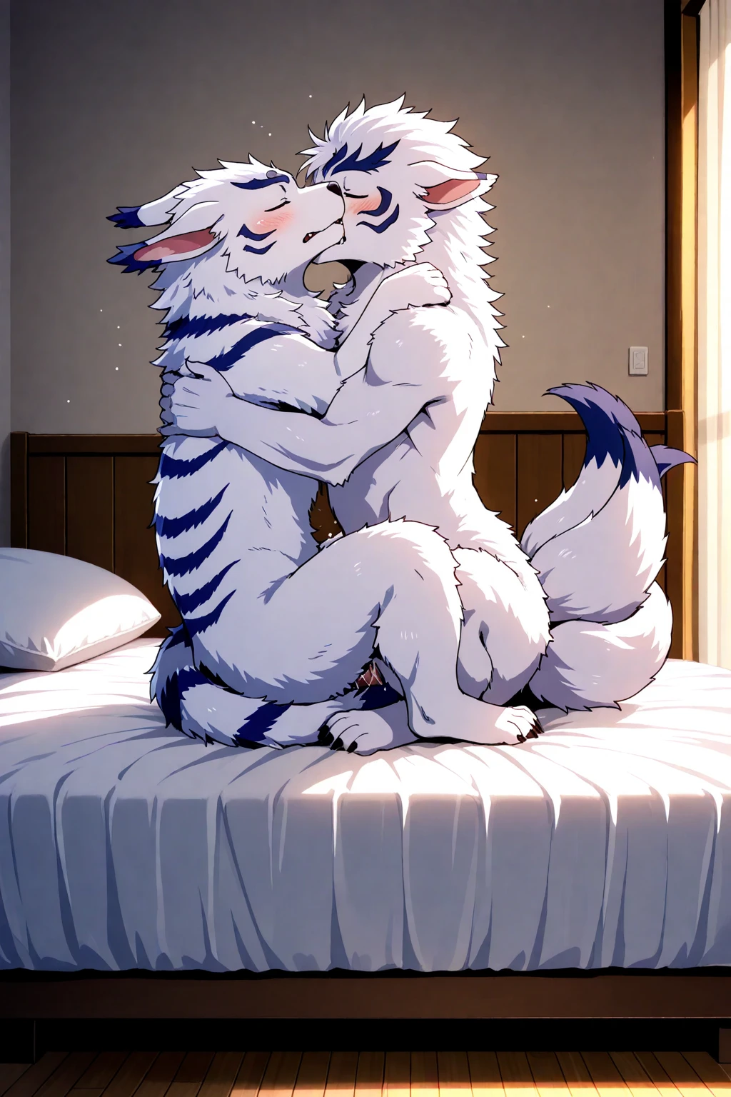score_9, score_8_up, score_7_up, shirou ogami, female wolf anthro, feminine, hourglass figure, white furry body, fluffy tail, detailed fur, fluffy body, closed eyes, clenched teeth, black lips, collar, naked, simple white background, on a bed, missionary position sex, she is on her back, she is getting fucked by human faceless male, male is cropped out, side view