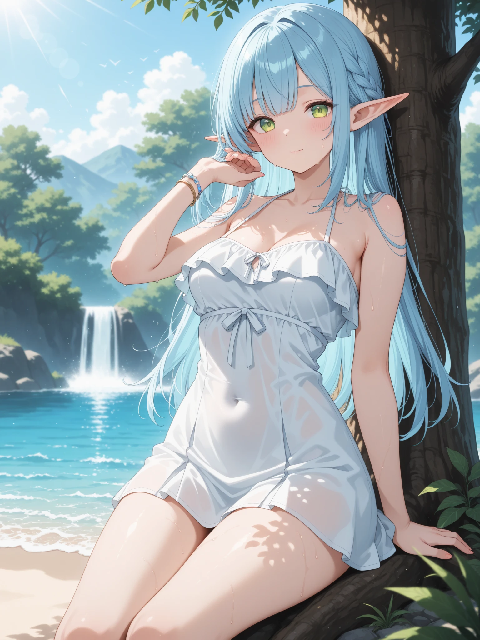White haired elf with blue eyes in a blue bikini